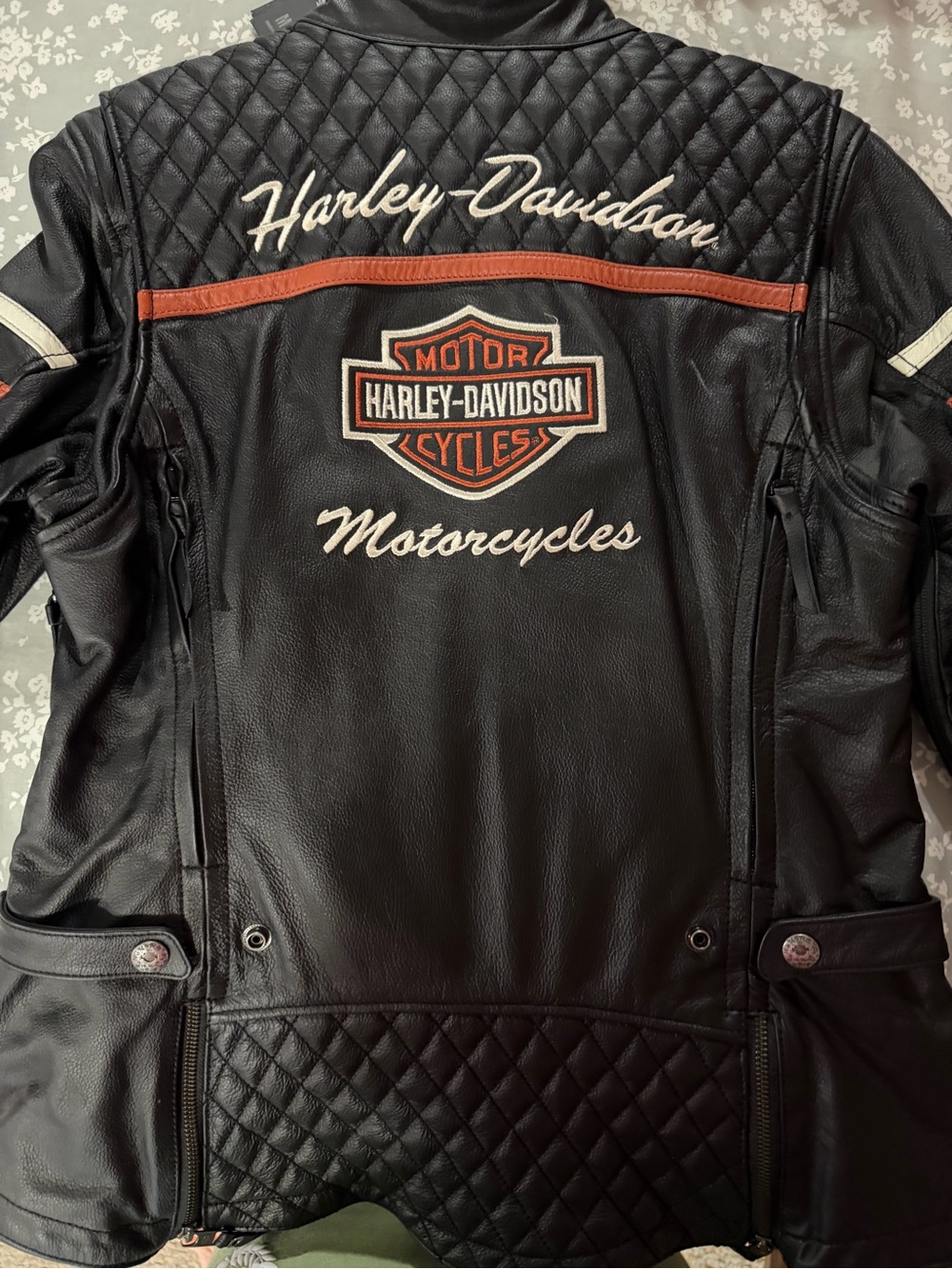 Harley-Davidson Black Leather Jacket with Orange & Cream Accents